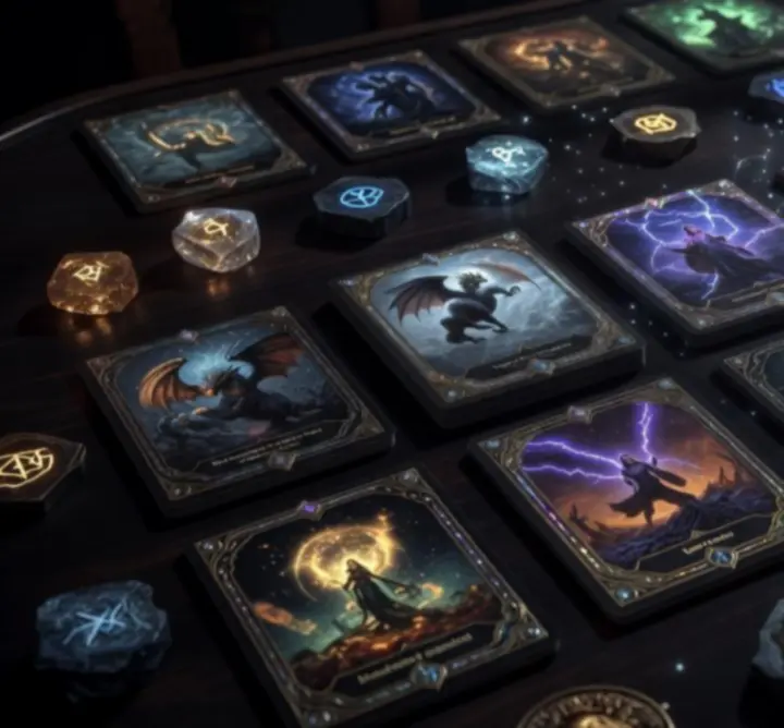 Dark fantasy card spread with glowing magical effects and casino-inspired aesthetics
