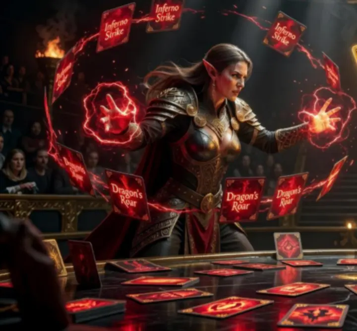 Jackspott fantasy heroes battling with glowing cards in a dark mystical arena