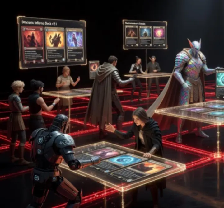 Players gathered around a fantasy card game table participating in a community deck-building challenge
