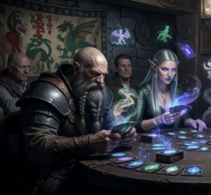 Players gathered around a glowing fantasy card table in the Jackspott community