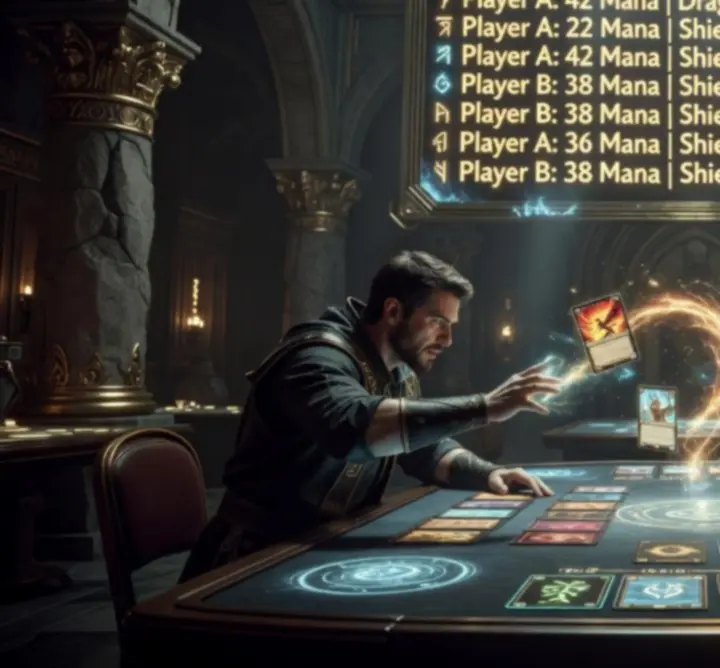 Competitive Jackspott match in a dark fantasy arena with glowing cards and tense atmosphere.