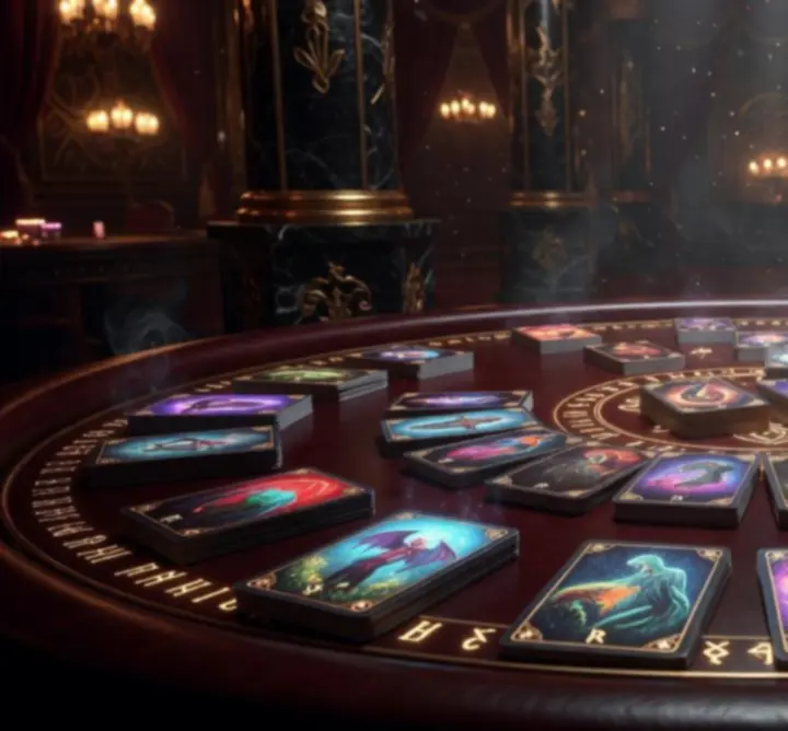 Glowing fantasy card deck laid out on a dark casino-like table, representing Jackspott deck building strategy.
