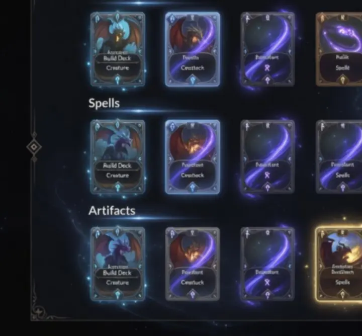Fantasy card game user interface showing deck building and strategy overlays