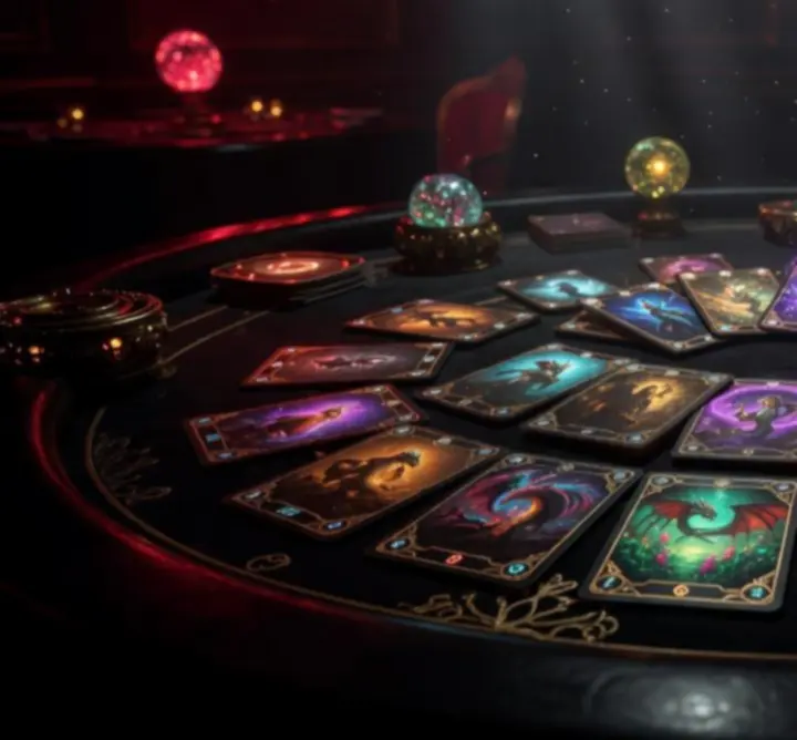 Glowing magical fantasy card deck laid out on a dark ethereal table