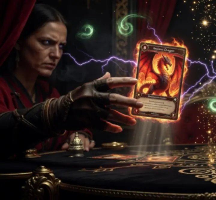 Dark fantasy card battle arena with glowing decks and magical spells