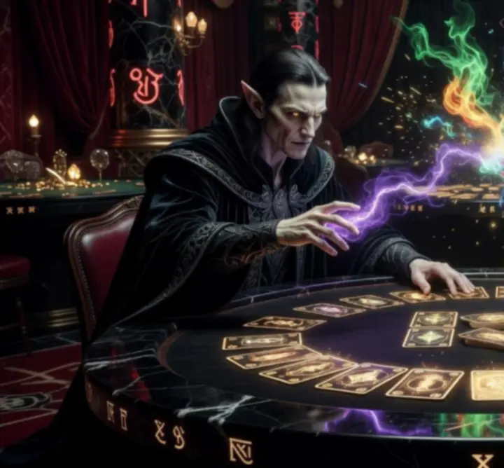 Strategic fantasy card battle interface from Jackspott with glowing cards and tactical options